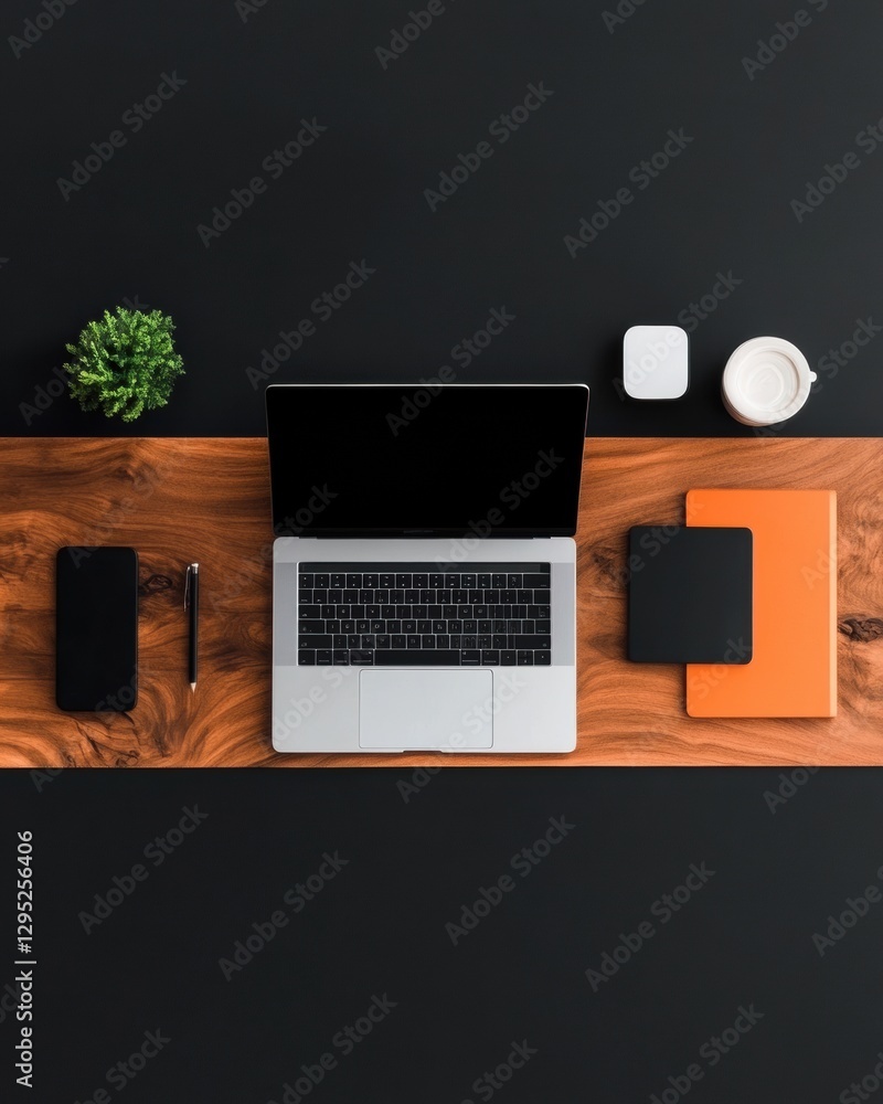 Aufkleber minimalist digital workspace sleek wooden desk with high-performance laptop, smart tech and biophili