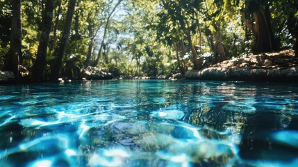 Serene water scene surrounded by lush greenery and trees.