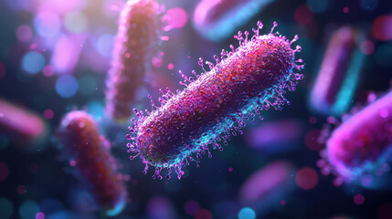 Microscopic view of vibrant bacteria with glowing details, showcasing their complex structure in colorful, abstract background. image highlights intricate design of these microorganisms