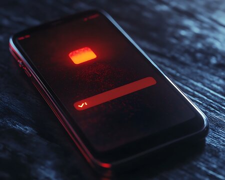 The smartphone displays a glowing red screen with an interface