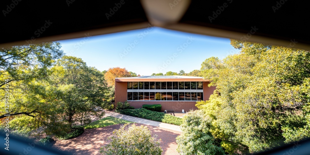 Poster sustainable campus design modern brick educational architecture embracing biophilic learning environ