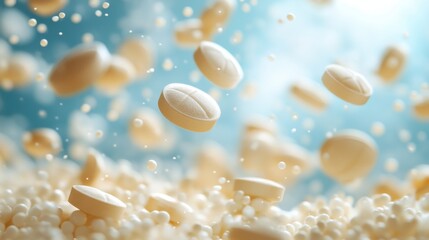 falling white circle pills isolated,studio background