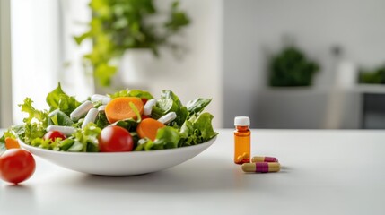Obesity drug beside a nutritious salad on a dining table. Featuring healthy living and nutrition