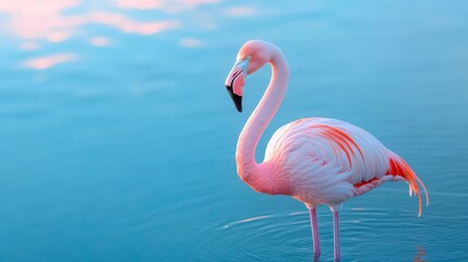 Elegant pink flamingo standing gracefully in calm water, reflecting soft pastel colors at sunset