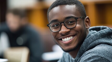 Fototapeta premium Smiling young man wearing glasses. Ideal for education, success, and positive themes.