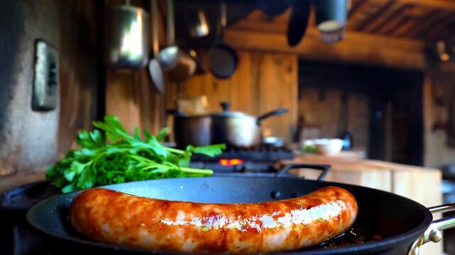 Close-up of sizzling sucuk sausage in a pan, garnished with herbs, rustic kitchen setup, moody lighting, bold and flavorful tones
