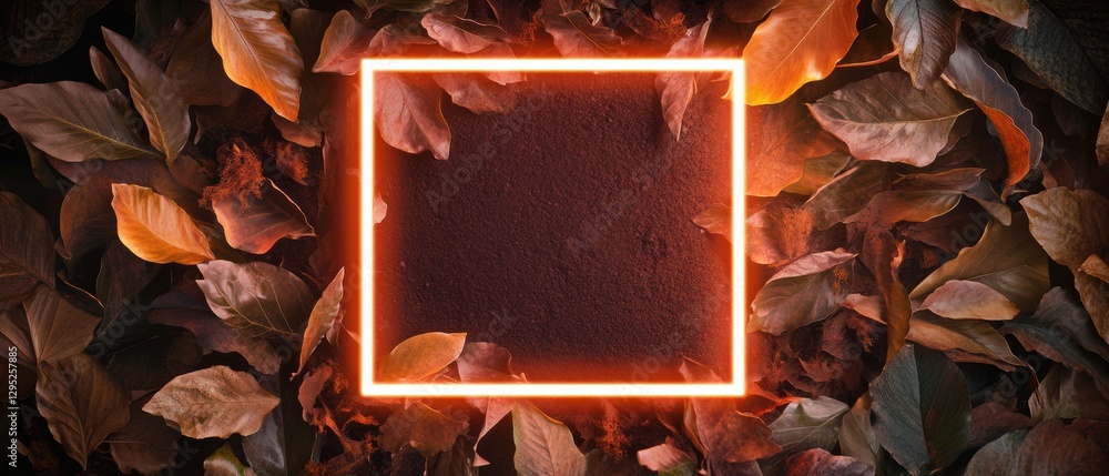 Poster neon autumn fusion illuminated digital frame with organic leaf texture - modern creative design elem