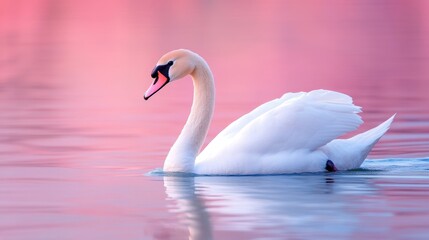 Elegant swan gliding on serene water with soft pink reflections in the background