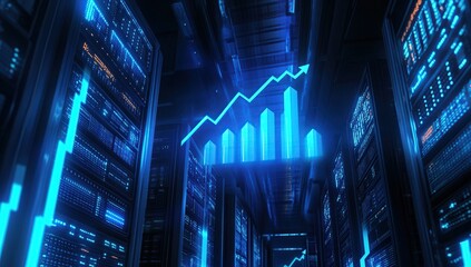 Abstract Blue Neon Data Center with Upward Growth Chart