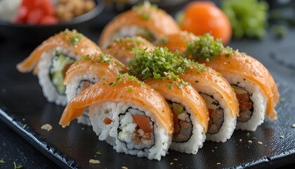sushi, photorealistic, top shot, resting on a black table