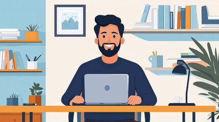 man with beard is sitting at desk with laptop, surrounded by books and plants, in modern home office setting. room is well organized and brightly lit, creating productive atmosphere