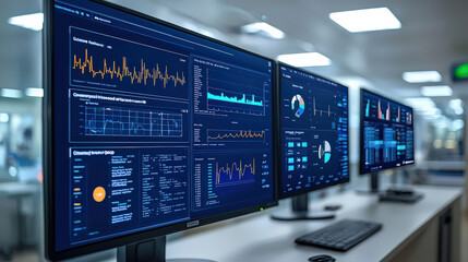 row of computer monitors displaying various data analytics and graphs in modern office setting, showcasing real time information and statistics