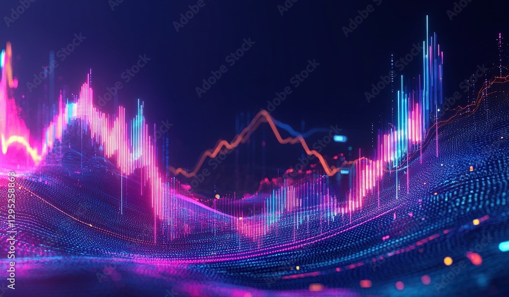 Poster abstract data visualization with glowing pink blue neon lines and points