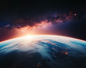 Fototapeta premium Cosmic Perspective Immersive Earth Vista with Galactic Milky Way - Next-Generation Space Exploration and Climate Visualization Technology