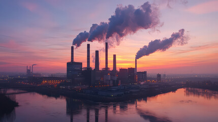 Obraz premium large industrial power plant emits smoke from multiple chimneys sunset, reflecting calm river. sky is painted with hues of pink and orange, creating striking contrast with silhouette of factory