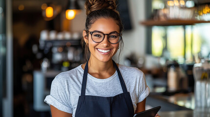 Obraz premium young female barista with glasses smiles warmly in cafe setting, showcasing her friendly demeanor and professional attire