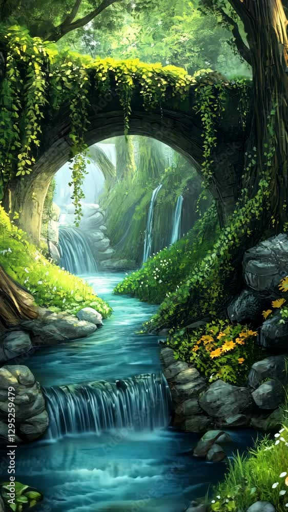 Aufkleber flowing stream beneath a lush archway with cascading waterfalls and vibrant greenery in a serene for