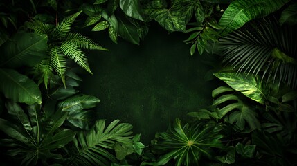 Lush Green Tropical Leaves Frame on Dark Background