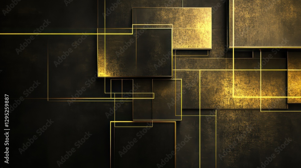 Poster abstract geometric background with golden rectangles and lines on dark textured surface for creative