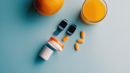 Obesity drug beside a set of fitness trackers and a fresh juice. Featuring wellness and fitness