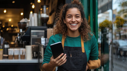 young woman in barista uniform smiles while holding smartphone outside cafe. Her cheerful expression adds warmth to scene