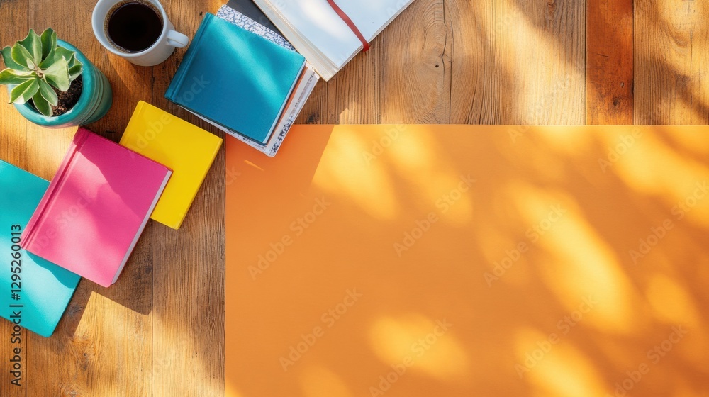 Poster golden hour workspace vibrant minimalist notebooks, botanical styling and creative productivity in w