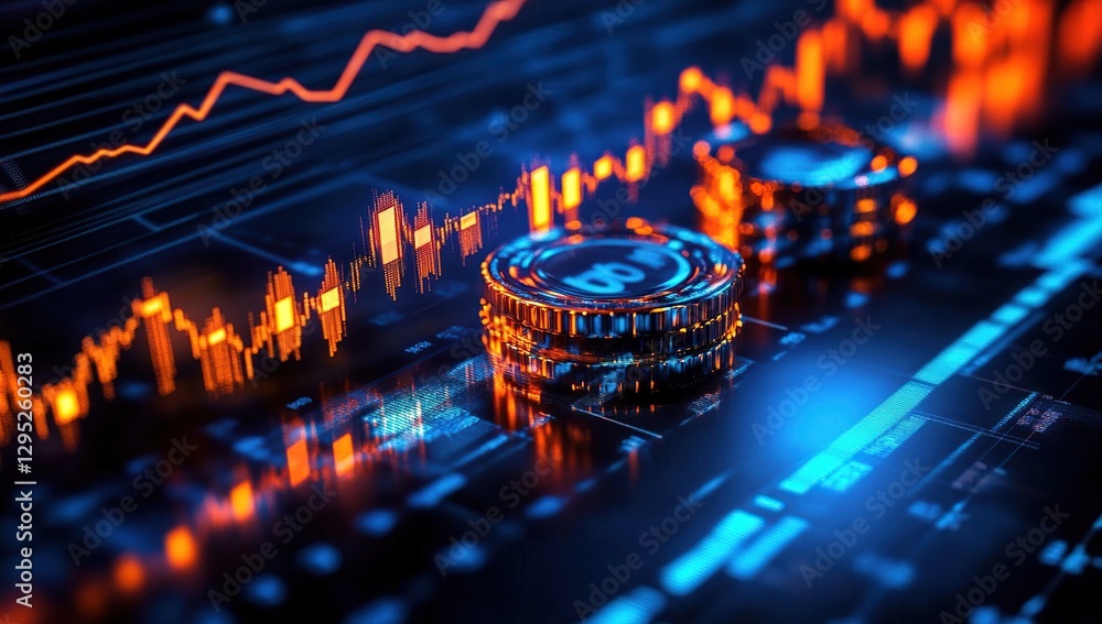 Aufkleber glowing metallic bitcoins on a circuit board with dynamic stock charts