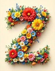 letter, A, floral, flowers, vibrant, colorful, artistic, elegant, design, organic, natural, red, yellow, pink, blue, white, blooms, green, leaves, accents, beige, background, soft, texture, warm, 