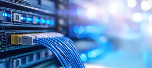 close up view of network cables connected to server data center, showcasing technology and infrastructure essential for modern digital communication. blue cables and server lights create