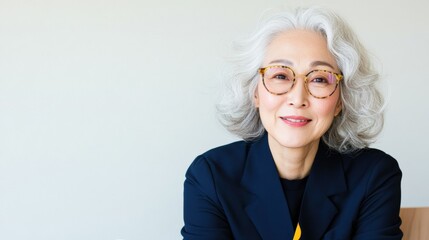 Minimalist Professional Portrait Silver-Haired Executive in Tailored Navy Blazer - Modern Corporate Aesthetic for Business Leadership and Diversity Inclusion