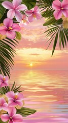 Pink Hibiscus Flowers Frame Tropical Sunset Ocean Beach Scene
