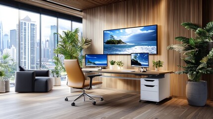Modern Home Office with City View and Tropical Plants