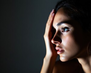 Fototapeta premium Minimalist Portrait Soft-Lit Woman in Contemplative Pose - Ideal for Mental Health Campaigns and Modern Wellness Branding in the Beauty Industry
