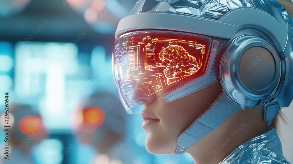 Poster Futuristic AR Headset Sleek Design with Holographic Interface in Tech Lab - Enhancing Immersive Learning and Business Innovation for Young Professionals