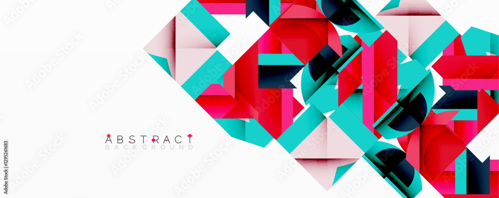 Poster Abstract geometric composition with interlocking circular and angular shapes, featuring smooth gradients and sharp contrasts on a white background
