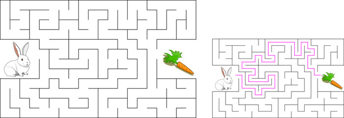 Help a white rabbit pass through rectangular maze to find a carrot. Feed the hungry bunny labyrinth. Easy difficulty level riddle for kids and their parents. Solution included