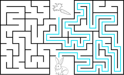Help a white rabbit pass through rectangular maze to find a carrot. Feed the hungry bunny labyrinth. Easy difficulty level riddle for kids and their parents. Solution included