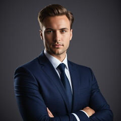 Successful entrepreneur portrait, confident business leader in a modern corporate office, professional CEO image, realistic lighting, high-resolution focus, sharp details, leadership presence, formal 