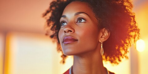 Golden Hour Portrait Elegant Professional Woman with Curly Hair in Modern Office - Luxury Corporate Aesthetic for Diversity in Business Leadership