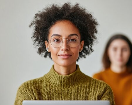 Minimalist Professional Workspace Diverse Team in Cozy Knitwear Embracing Modern Office Aesthetics - Ideal for Inclusive Corporate Branding and Remote Work Solutions - Powered by Adobe