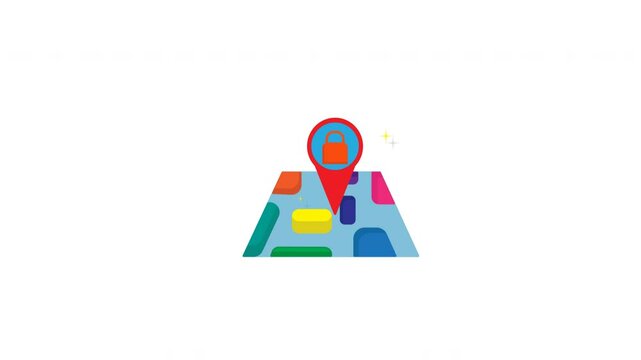 Animation of a map with a red location pin highlighting a shopping destination with star decoration,Suitable for projects related to online stores, shopping apps, gift services, and promotional materi