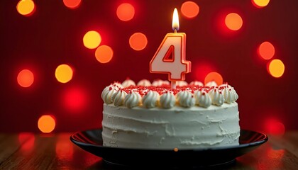Birthday Cake with White Frosting and Lit Number 4 Candle for 4th Birthday Celebration
