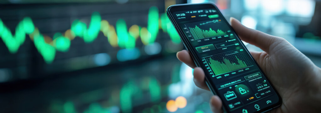 person holding smartphone displaying financial graphs and data, with blurred background of stock market chart. image conveys sense of modern finance and technology