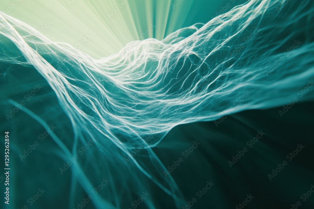Poster Futuristic Network Visualization Luminous Data Pathways on Airy Teal Background - Streamlined Tech Imagery for Innovative Digital Marketing and Information Systems