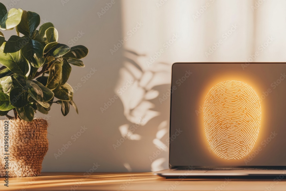 Poster minimalist cybersecurity workspace sleek laptop with glowing fingerprint scanner - modern privacy so