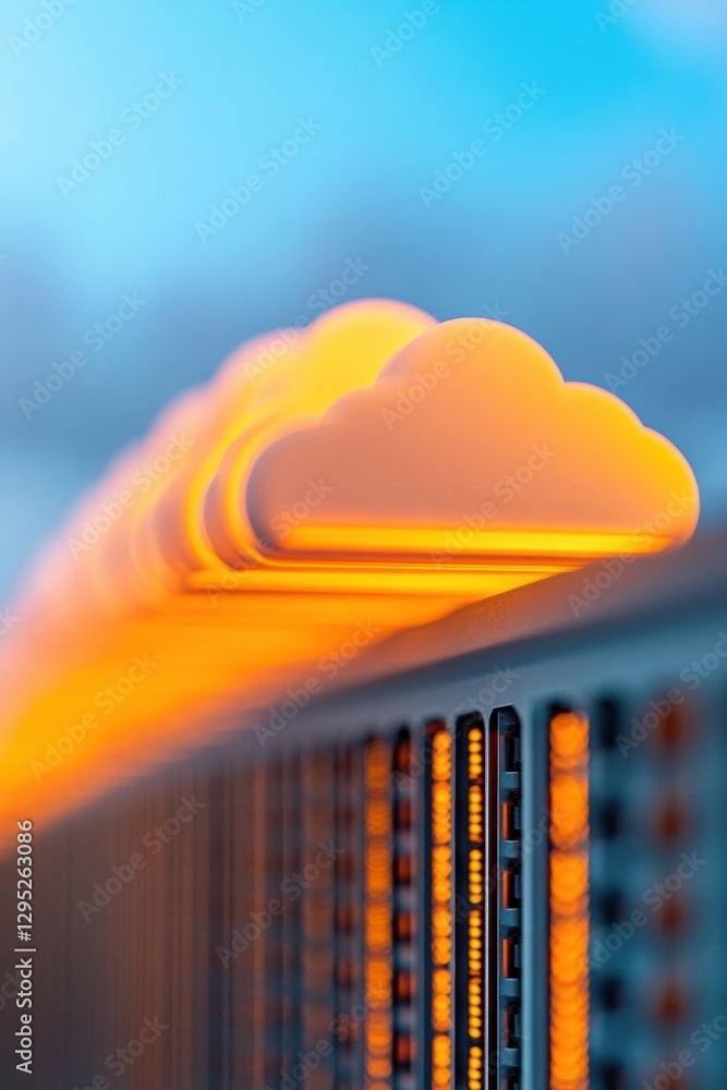 Aufkleber Futuristic Cloud Computing Interface Orange-Hued Cloud Icons with Metallic Servers - Dynamic Tech Visual Content and Business Innovation for Enhanced Data Solutions