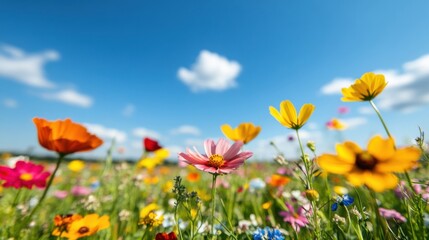 Naklejka premium Vibrant Floral Panorama Multicolored Wildflower Field Under Clear Blue Sky - Natures Palette for Travel Marketing and Eco-Inspired Seasonal Greeting Cards