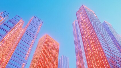 Fototapeta premium Pink and Blue Glass Skyscrapers at Daytime