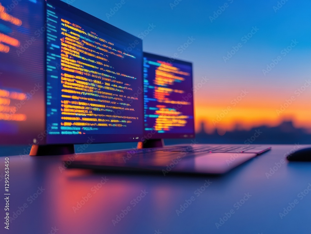 Poster Minimalist Dual-Monitor Coding Setup Sunset Bathed Workspace with Sleek Keyboard and Code Display - Cutting-Edge Cybersecurity Content for Tech-Savvy Professionals