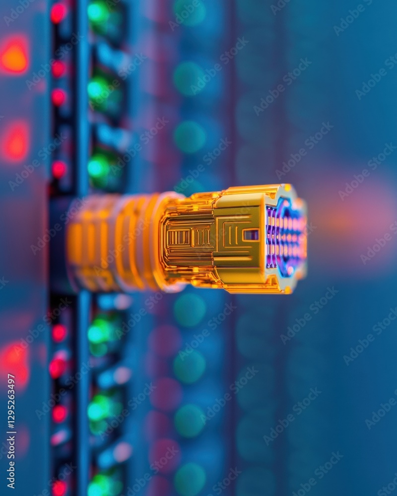 Poster Neon Cyber Aesthetic Vibrant Server Rack with Organized Network Cables - Cutting-Edge Data Center Graphics and Enterprise Infrastructure Optimization for Tech Innovation